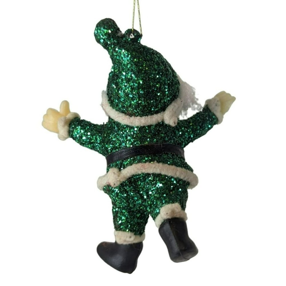 Vintage Green Glitter Flocked Leprechaun Santa Claus and Plaid Heart Ornaments - Picture 5 of 8